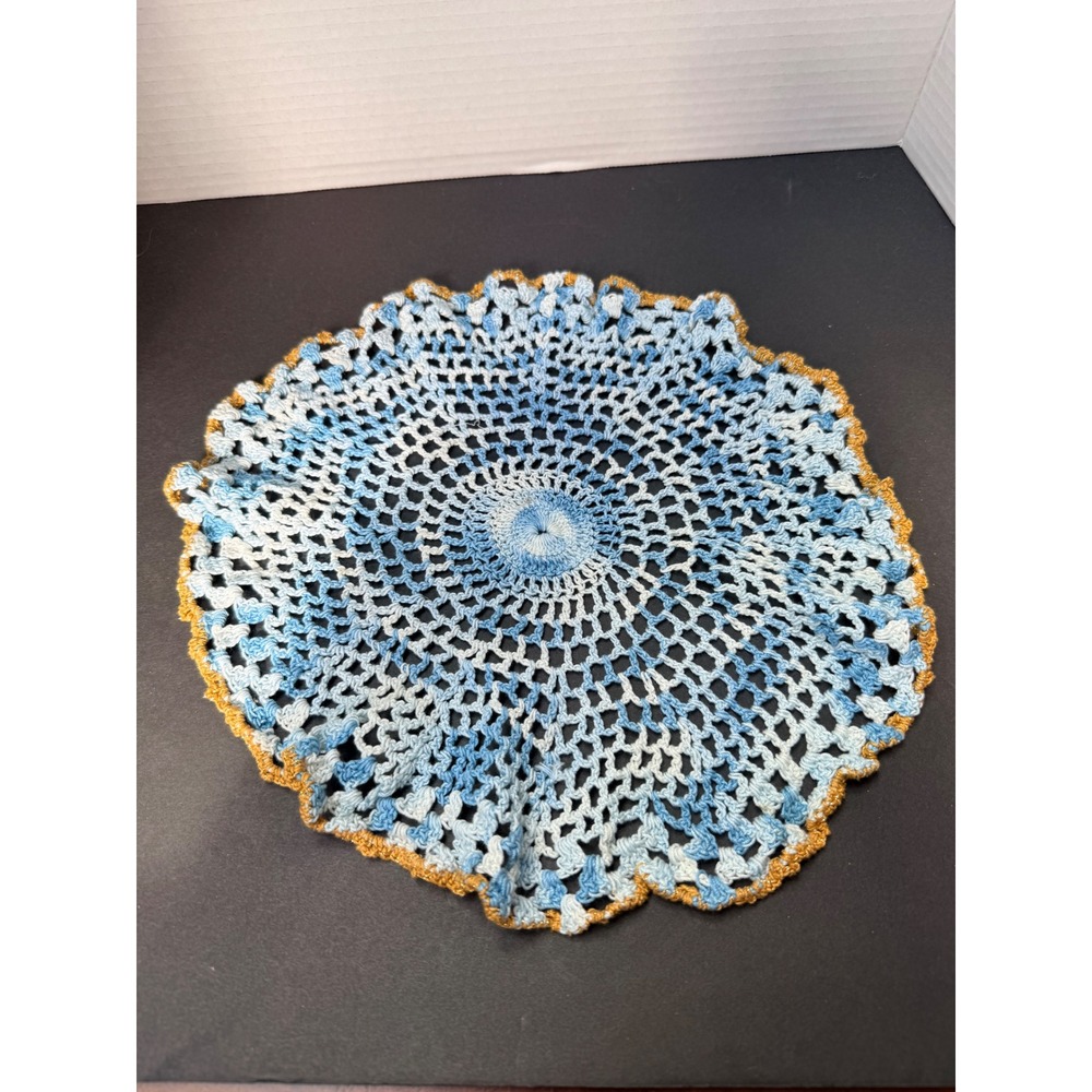 Handmade Crochet Doily Variegated Blue White Gold Metallic Trim Round Lace 12.5" - Picture 2 of 3